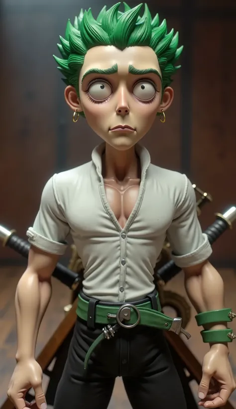 Tim Burton movie, cinematic composition, stop motion, clay animation, a vampire king , looking at viewer, gothic A muscular swordsboy with light green, spiky hair and tanned skin stands confidently with a serious expression. He wears a white, short-sleeved...