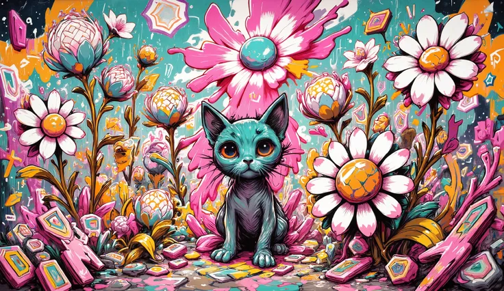 grafitti art, mural, a cat, giant flowers, geometric forms, color palette: Maximum Blue, Battery Charged Blue, Orange Soda, Burnt Umber, Indian Red, grafitti, grafitti art, mural