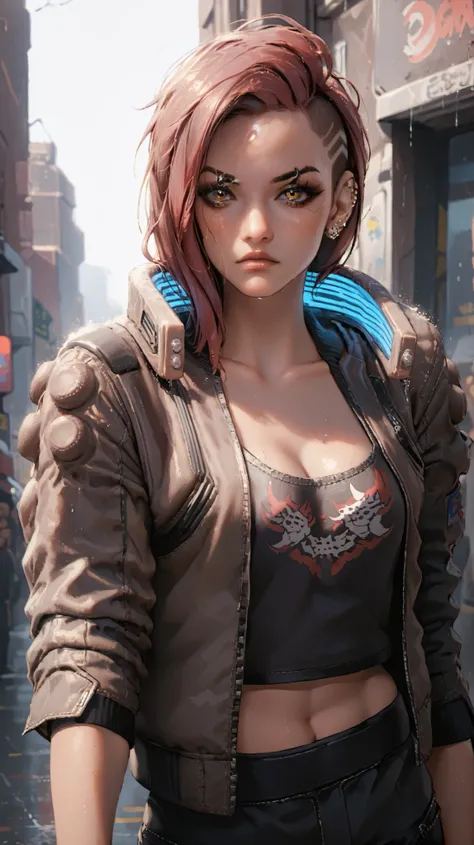 score_9, score_8_up, score_7_up, source_anime, Vcyberpunk,1girl,solo,looking at viewer,navel,cleavage,jewelry,collarbone,jacket,red hair,earrings,open clothes,midriff,mole,open jacket,black crop top,orange eyes,makeup,piercing,black pants,ear piercing,colo...