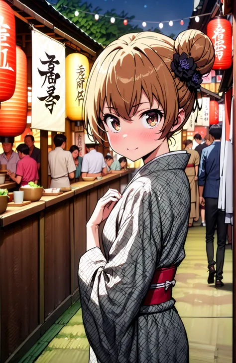 Aisaka Taiga, brown hair, brown eyes in the bedroom,side lock,single bun hair,Nape,flower hair ornament with ears,Black flower pattern kimono,smile,blush,mouth,standing,Light up fireworks,Red Lantern,Japanese stalls ,night,crowd,Beautiful Scenery,full body...