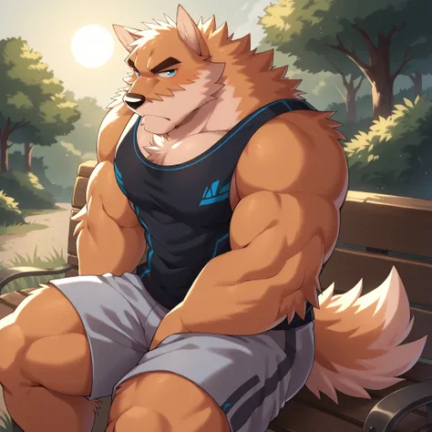 1 boy, One, detailed background, anthropomorphic, Woolly male, orange fur, light orange breast coat, light orange snout, blue eyes, light orange inner ears, thick eyebrows,  strong arms, broad shoulders,  big build , fat hands, fluffy tail,  short tail, sh...