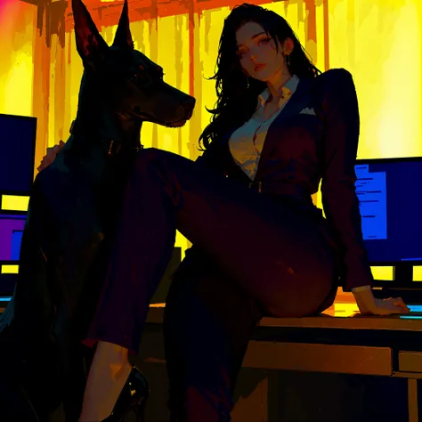 score_9, score_8_up, score_7_up, beautiful woman with long !!black hair!! ((long volume black hair), bossy , ambient soft lighting, 4k, Extremely detailed, a perfect face, perfect lighting, ((curvy, shapely body)), expensive office suit, high heels, 1 w...