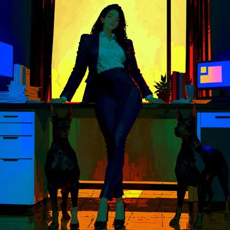 score_9, score_8_up, score_7_up, beautiful woman with long !!black hair!! ((long volume black hair), bossy , ambient soft lighting, 4k, Extremely detailed, a perfect face, perfect lighting, ((curvy, shapely body)), expensive office suit, high heels, 1 w...