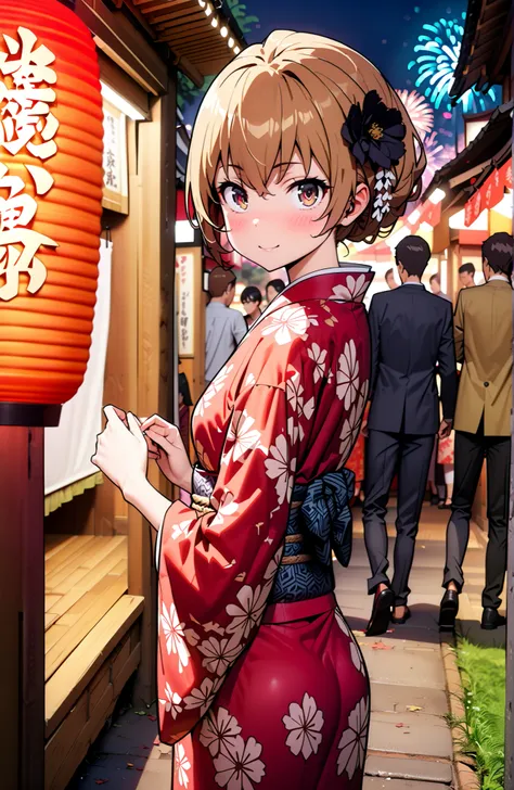 Aisaka Taiga, brown hair, brown eyes in the bedroom,side lock,Nape,flower hair ornament with ears,Black flower pattern kimono,smile,blush,mouth,standing,Light up fireworks,Red Lantern,Japanese stalls ,night,crowd,Beautiful Scenery,full bodyがイラストに入るように,in t...