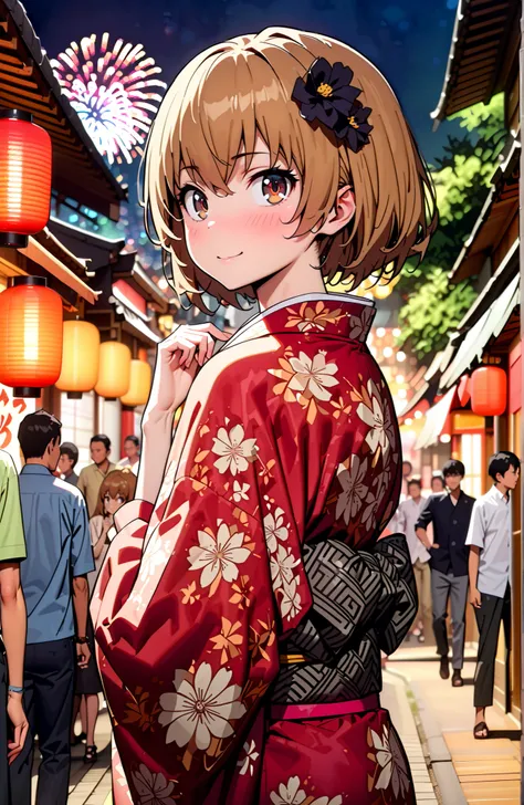 Aisaka Taiga, brown hair, brown eyes in the bedroom,side lock,Nape,flower hair ornament with ears,Black flower pattern kimono,smile,blush,mouth,standing,Light up fireworks,Red Lantern,Japanese stalls ,night,crowd,Beautiful Scenery,full bodyがイラストに入るように,in t...