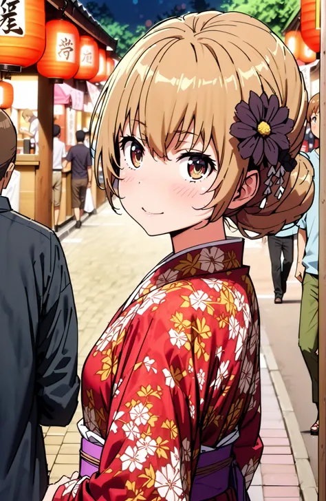 Aisaka Taiga, brown hair, brown eyes in the bedroom,side lock,single bun hair,Nape,flower hair ornament with ears,Black flower pattern kimono,smile,blush,mouth,standing,Light up fireworks,Red Lantern,Japanese stalls ,night,crowd,Beautiful Scenery,full body...