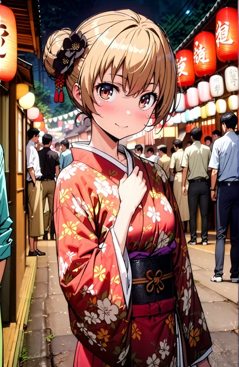 Aisaka Taiga, brown hair, brown eyes in the bedroom,side lock,single bun hair,Nape,flower hair ornament with ears,Black flower pattern kimono,smile,blush,mouth,standing,Light up fireworks,Red Lantern,Japanese stalls ,night,crowd,Beautiful Scenery,full body...