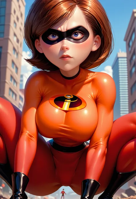 score_9, score_8_up, score_7_up, score_6_up, score_5_up, score_4_up, rating_questionable, a girl, _enParr, crouching, superhero, eye mask, big hips, completely naked,  huge breasts