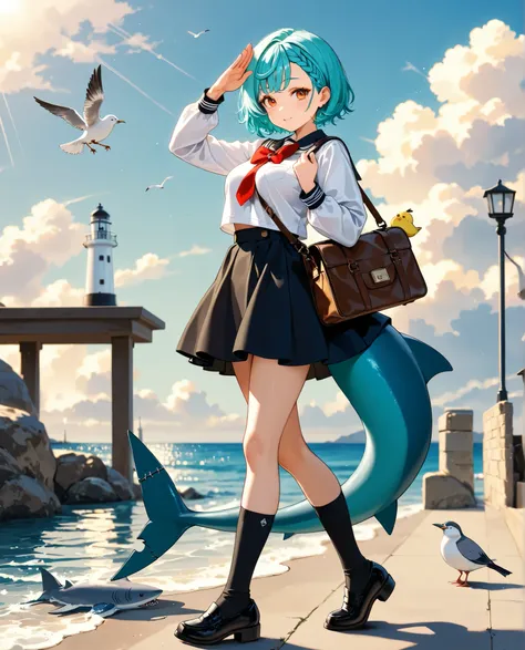 1girl, (solo), absurdres, aqua hair, short hair, braided bangs hairstyle, orange_eyes, golden_eyeshadow, 1girl bag bird black_shoes black_skirt black_socks blue_sky breasts cloud day fish_tail food_in_mouth from_behind jetty large_breasts lighthouse lookin...