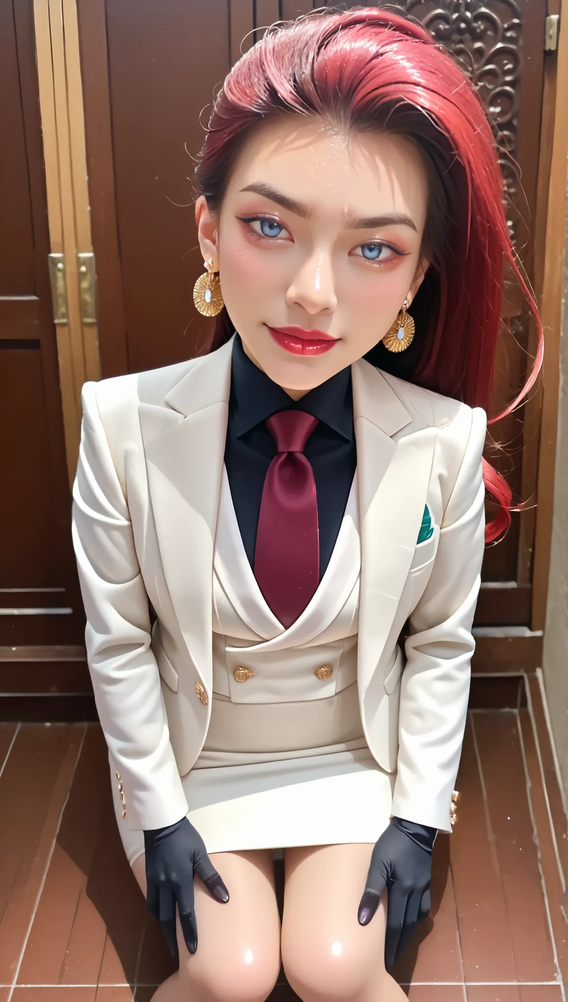 score_9, score_8_up,score_7_up, source_anime, 1girl, solo, looking at looking at viewer, high quality,  EPpkJessie, long hair, blue eyes, (((adult))), red hair, hair slicked back, close up, portrait, shoulders up, face focus, white jacket, earrings, black ...