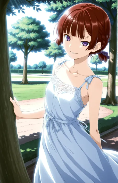 A slender woman with very short red-brown bangs cut at eyebrow level lace braid hair tied back, violet eyes, sly smile, wearing a summer dress, outside in a park under a tree, natural lighting, in full view in a highly detailed anime style