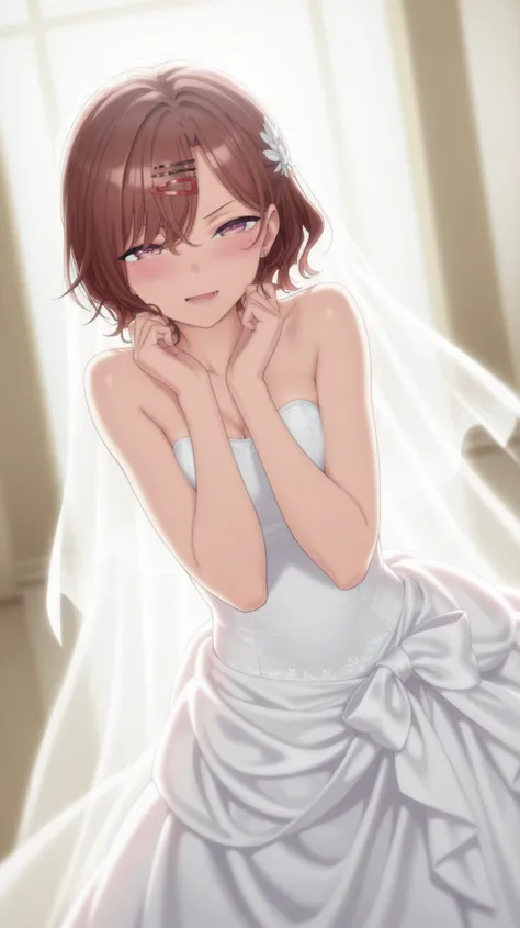 1 girl, Madoka Higuchi, smiling, happy, open mouth, blushing, looking at viewer, masterpiece, best quality, high quality, smile, wedding dress, dynamic lighting, Ultra detailed, highres, stunning visual cg, standing , all body, hair clip, dutch angle, dyna...
