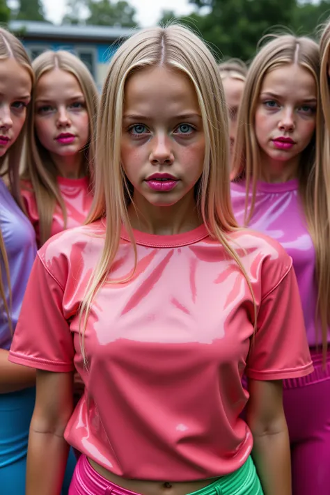 16k,  high resolution,  best quality, super Details,  textured skin in the trash bag,  Meisterwerk, precisely,  Anatomically correct.   Very realistic photo of 6 very young girls ,  long blonde hair with long colorful strands  .   very large lips  ,  very ...