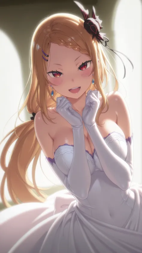 1 girl, Priscilla Barielle ( Re:Zero ), smiling, happy, open mouth, blushing, looking at viewer, masterpiece, best quality, high quality, smile, wedding dress, dynamic lighting, Ultra detailed, highres, stunning visual cg, standing , all body, hair clip, d...