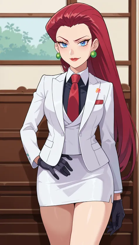 score_9, score_8_up,score_7_up, source_anime, 1girl, solo, looking at looking at viewer, high quality, EPpkJessie, long hair, blue eyes, (((adult))), red hair, hair slicked back, close up, portrait, shoulders up, face focus, white jacket, earrings, black ...