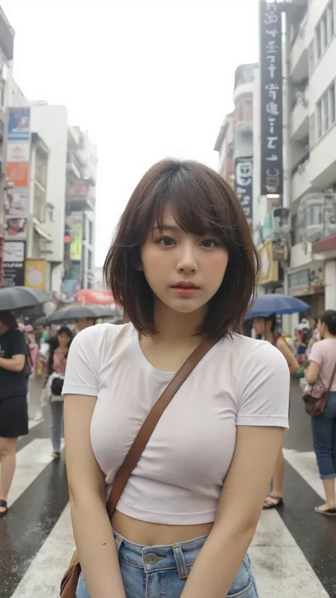A photorealistic, ultra-high-quality image of a young woman standing still in the middle of a gloomy, rainy Tokyo intersection. The sky is overcast and the entire scene is soaked in a cold, gray atmosphere. Crowds of people with umbrellas pass by, complete...