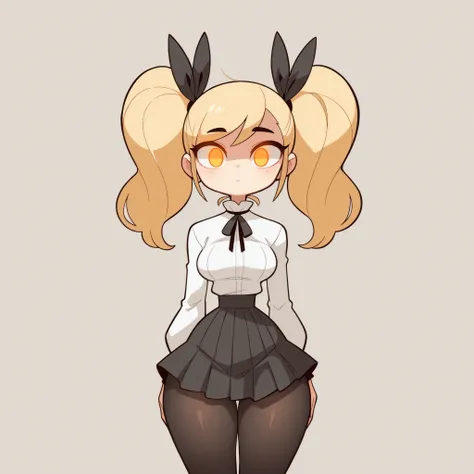 masterpiece, best quality, amazing quality, very aesthetic, absurdres, high res, shiny skin, diives, 1girl, solo, long blonde hair, twin pigtails, straight hair, orange eyes, glowing eyes, medium breasts, narrow waist, wide hips, thick thighs, white blouse...
