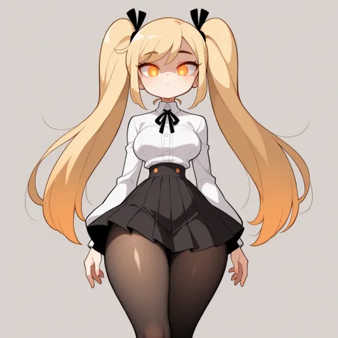 masterpiece, best quality, amazing quality, very aesthetic, absurdres, high res, shiny skin, diives, 1girl, solo, long blonde hair, twin pigtails, straight hair, orange eyes, glowing eyes, medium breasts, narrow waist, wide hips, thick thighs, white blouse...