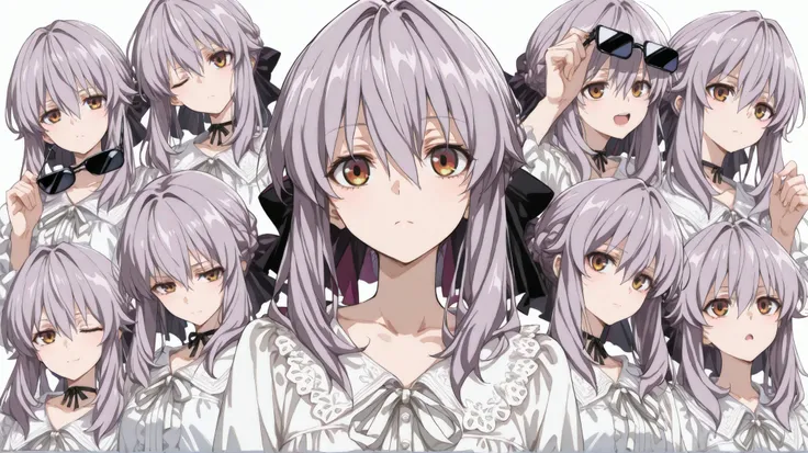 (masterpiece, top quality, completely completed:1.4),collage art、Shinoa from owari no seraph、beautiful girl、upper body、Blouse、sunglasses、Show your eyes through the gaps、various expressions、9 divided、wink