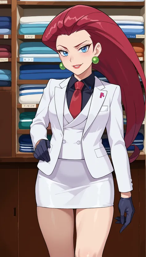 score_9, score_8_up,score_7_up, source_anime, 1girl, solo, looking at looking at viewer, high quality, EPpkJessie, long hair, blue eyes, (((adult))), red hair, hair slicked back, close up, portrait, shoulders up, face focus, white jacket, earrings, black ...