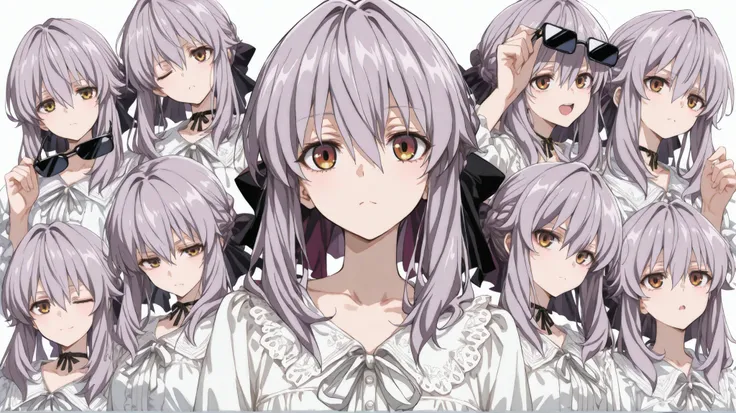 (masterpiece, top quality, completely completed:1.4),collage art、Shinoa from owari no seraph、beautiful girl、upper body、Blouse、sunglasses、Show your eyes through the gaps、various expressions、9 divided、wink