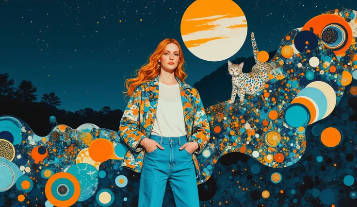   surreal fantasy, acrylic, Linda garota com cabelo longo e ondulado, jeans, t-shirt and a lightjacket, street wear cloths,  walking in the park with a cat on lap, palette of color Lapis Lazuli, Oxford Blue, Turquoise, Raw Sienna, Brown (Crayola), ethereal...