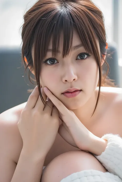detailed face , cute face, 18 year old woman, long hair, RAW photos , Bokeh ( realism: 1.4, exists), (Sit with your knees together) , (I like the Fujifilm XT3 that sits in an M shape) 、White Panties Visible、 one girl, (),)、Back to viewers, ...