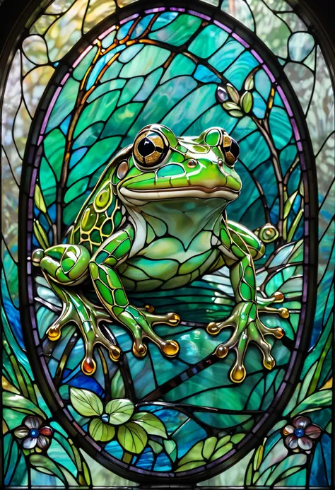 a close up of a stained glass window with a frog on it, stained glass art, stained glass style, stained glass, maxim verehin stained glass, stained glass, frog, stained glass!!, psychedelic frog, frog themed, stained glass window, green stained glass, Hig...