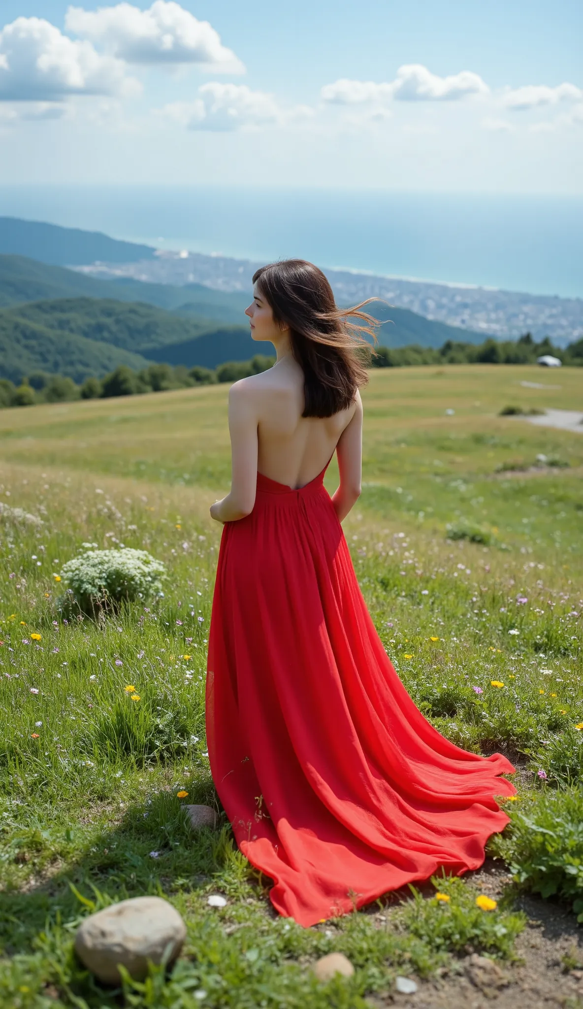 masterpiece、best image quality、summer images of Mt. Rokko Scenery 、 Scenery of the plateau、 A woman in a red dress、 While feeling the wind on the plateau、 scenery、Scenery of the prairie at the plateau、tree々Photo of、 deeply written、high image quality、Small ...