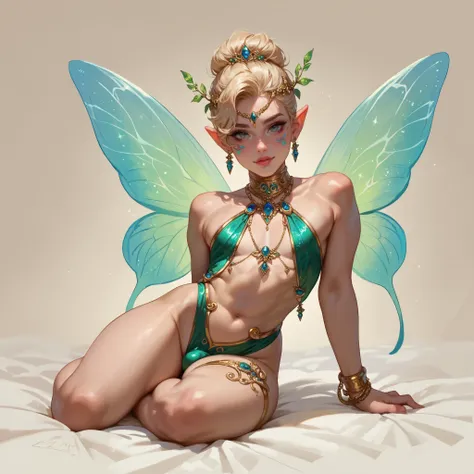A sexy display of a fairy femboy in a seductive atmosphere, full_body display, small penis bulge, seduction, jewellery, revealing outfit, seductive eyes, detailed face and skin, nsfw, erotic