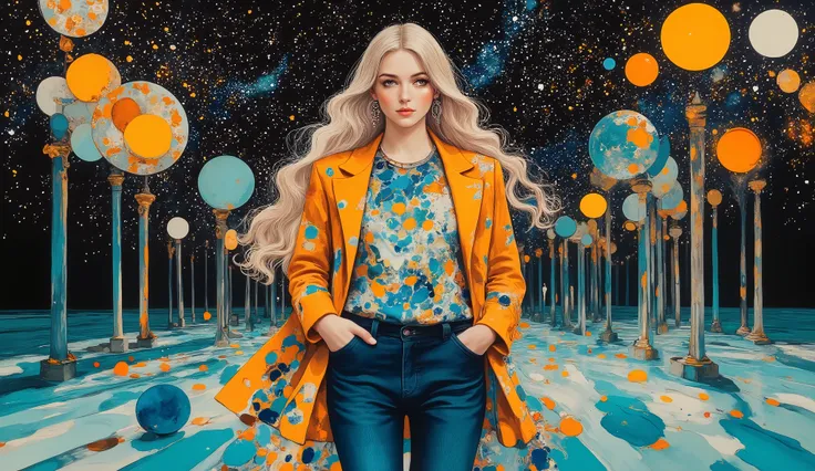   surreal fantasy, acrylic, Linda garota com cabelo longo e ondulado, jeans, t-shirt and a lightjacket, street wear cloths,  walking in the park with a cat on lap, palette of color Lapis Lazuli, Oxford Blue, Turquoise, Raw Sienna, Brown (Crayola), ethereal...