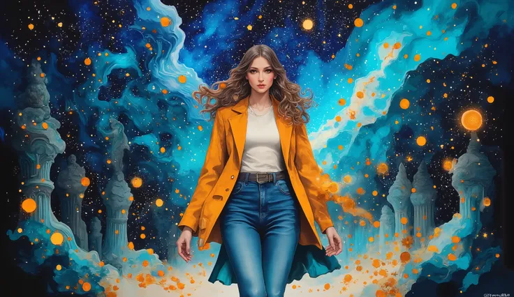   surreal fantasy, acrylic, Linda garota com cabelo longo e ondulado, jeans, t-shirt and a lightjacket, street wear cloths,  walking in the park with a cat on lap, palette of color Lapis Lazuli, Oxford Blue, Turquoise, Raw Sienna, Brown (Crayola), ethereal...