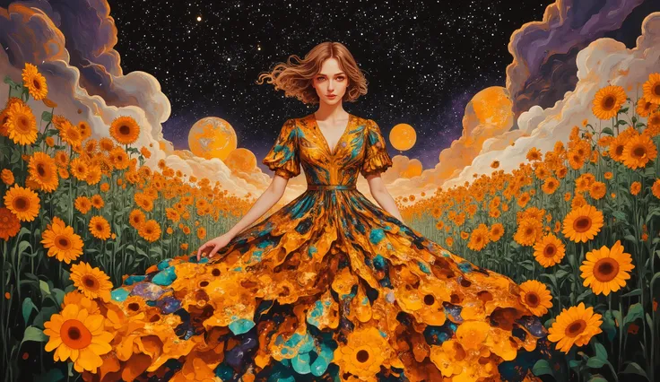 Imagine a young woman with windswept hair, standing in a field of clockwork sunflowers under a twilight sky. The sunflowers appear to be growing out of her dress, their petals swirling around her. The background features a blend of deep blacks and purples,...