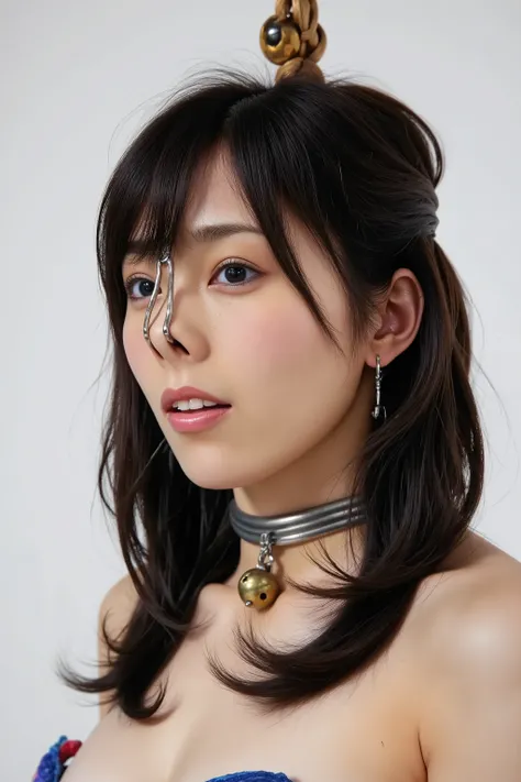 A high resolution photograph of a Japanese adult woman, masterpiece, photo-realistic, natural lighting, film grain, portrait, fashion shoot, solo, 1girl, off-shoulder strapless dress, medium breasts, cleavage, black hair with blunt bangs, detailed face, de...