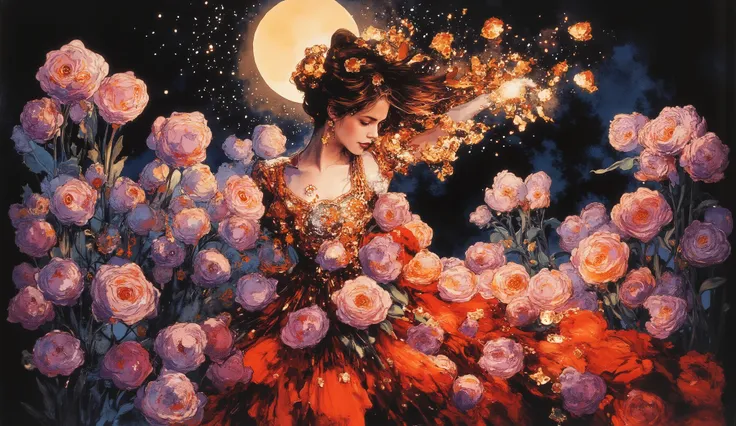 Imagine a young woman with windswept hair, standing in a field of clockwork tulips under a twilight sky. The tulips appear to be growing out of her dress, their petals swirling around her. The background features a blend of deep blacks and purples, creatin...