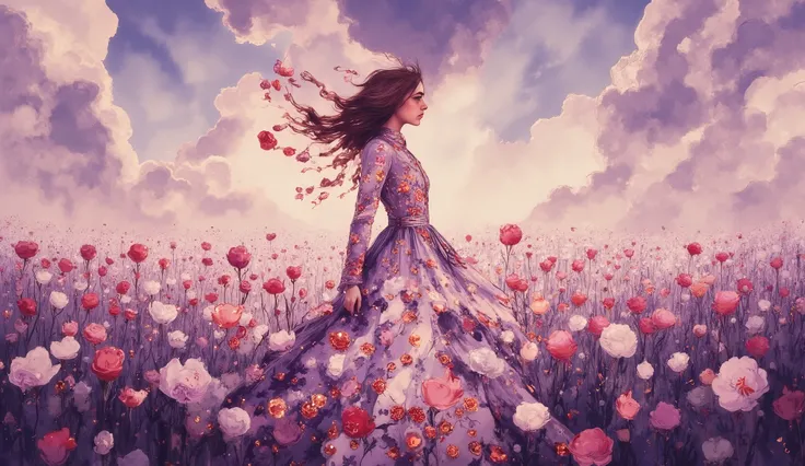 Imagine a young woman with windswept hair, standing in a field of clockwork tulips under a twilight sky. The tulips appear to be growing out of her dress, their petals swirling around her. The background features a blend of Medium Purple and white, creatin...