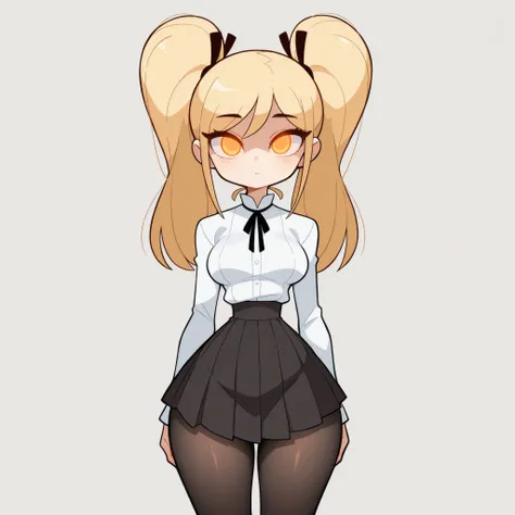 masterpiece, best quality, amazing quality, very aesthetic, absurdres, high res, shiny skin, diives, 1girl, solo, long blonde hair, twin pigtails, straight hair, orange eyes, glowing eyes, medium breasts, narrow waist, wide hips, thick thighs, white blouse...
