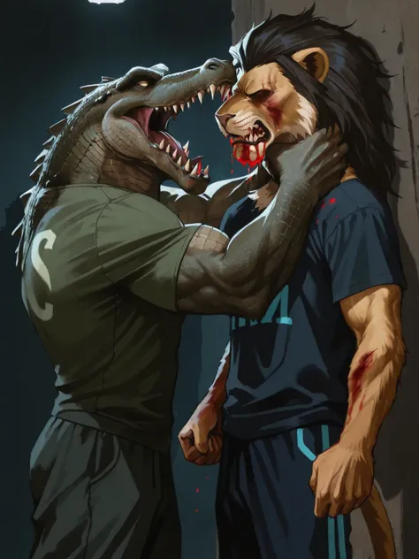 Highly detailed digital vector cartoon illustration of a very angry and muscular anthropomorphic crocodile wearing a green sports t-shirt, aggressively grabbing and strangling the neck of a muscular anthropomorphic lion in a rather bright dark blue sports ...