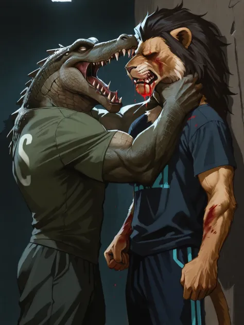 Highly detailed digital vector cartoon illustration of a very angry and muscular anthropomorphic crocodile wearing a green sports t-shirt, aggressively grabbing and strangling the neck of a muscular anthropomorphic lion in a rather bright dark blue sports ...