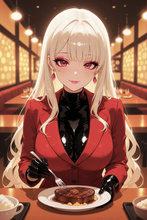 Anime-style woman sitting in a cozy, softly lit Restaurant. Sitting at the Restaurant, holding fork. One fork. There is food on the table in front of her. The table has a plate of of steak and mashed potatoes. She wears a glossy black latex catsuit that hu...