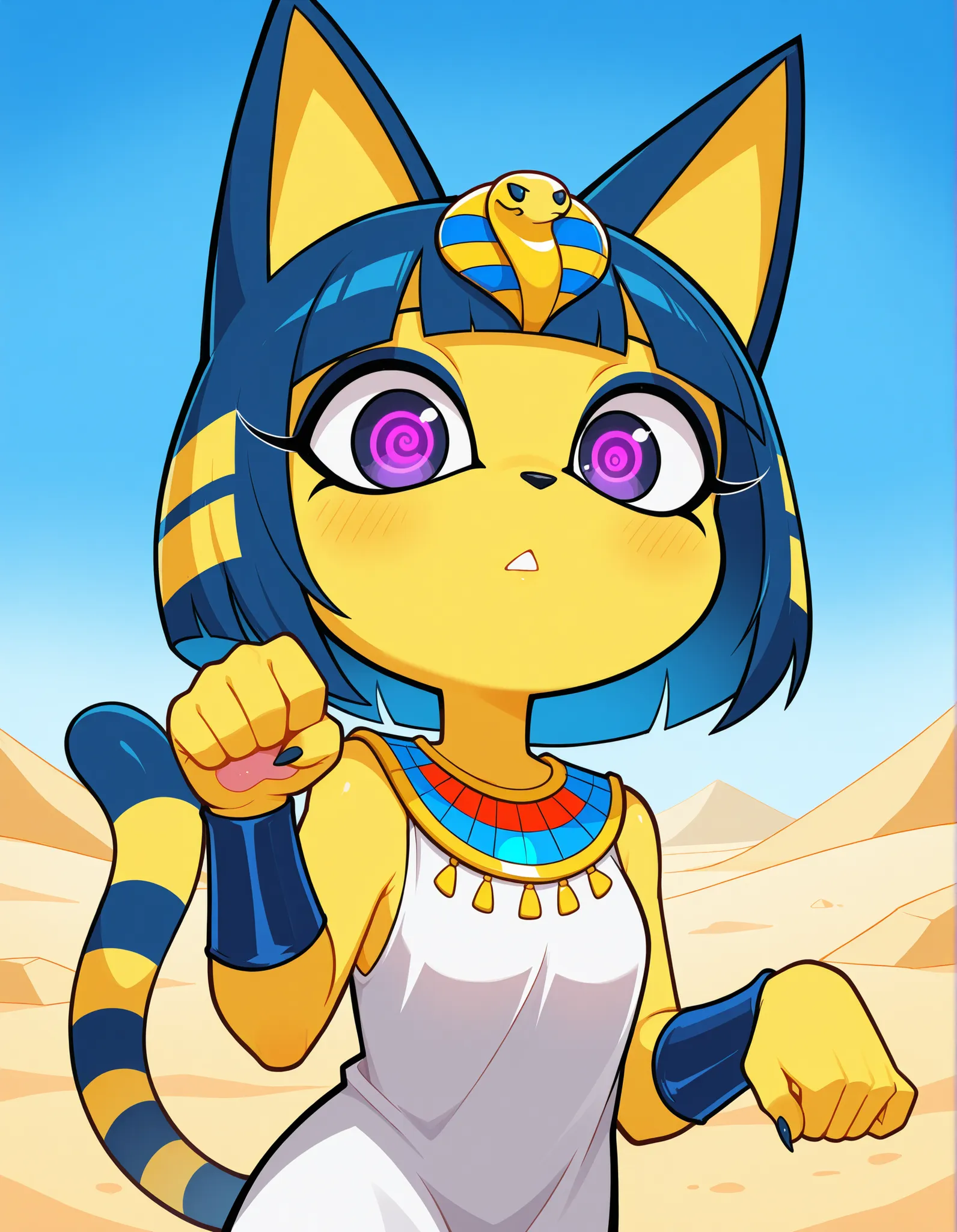 furry, solo, anthro, loonajizokustyle, jizoku, Jizoku Style, depth of field, 1girl, furry, ankha \(animal crossing\), expressionless, eye reflection, yellow background, yellow theme, blue background, desert, spiral eyes, purple eyes, glowing eyes, wide-eye...