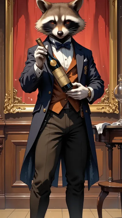(raccoon,Butler serving a distinguished family,wearing butler’s uniform ,redbackground),wine bottle