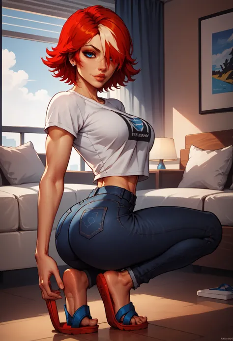 score_9, score_8_up, nsfw, score_7_up,derpibooru_p_95, rindou, masterpiece, from back, squatting, looking at viewer, sexy ass, perky ass, wide hips, slim waist ,1girl, xjoannax, red hair, short hair, (((multicolored hair))), hair over one eye, blue eyes, d...