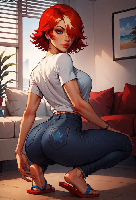 score_9, score_8_up, nsfw, score_7_up,derpibooru_p_95, rindou, masterpiece, from back, squatting, looking at viewer, sexy ass, perky ass, wide hips, slim waist ,1girl, xjoannax, red hair, short hair, (((multicolored hair))), hair over one eye, blue eyes, d...