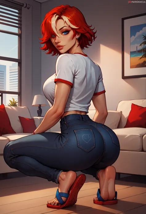 score_9, score_8_up, nsfw, score_7_up,derpibooru_p_95, rindou, masterpiece, from back, squatting, looking at viewer, sexy ass, perky ass, wide hips, slim waist ,1girl, xjoannax, red hair, short hair, (((multicolored hair))), hair over one eye, blue eyes, d...