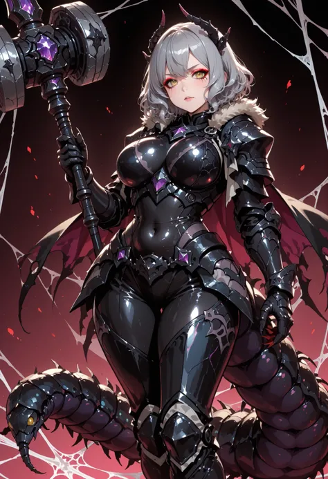A Light armor woman. Grey hair. Short bob hair. Wavy hair. Spiky hair accessory. Yellow eyes. Spider web eyeshadow. Black armor. Spiky. Scorpion motif armor. Large breasts. Belly button. Holding a weapon. Large hammer. Weapon hammer. Sharp claws. Armored a...