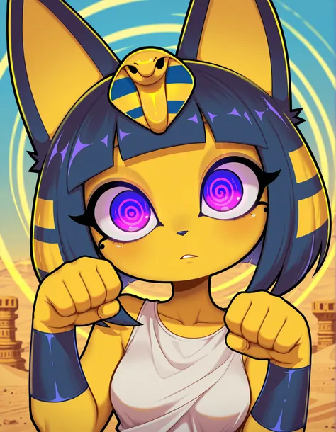 furry, solo, anthro, CartoonyIllustrious, depth of field, 1girl, ankha \(animal crossing\), expressionless, eye reflection, yellow background, yellow theme, blue background, desert, spiral eyes, purple eyes, glowing eyes, wide-eyed, paw pose, looking at vi...