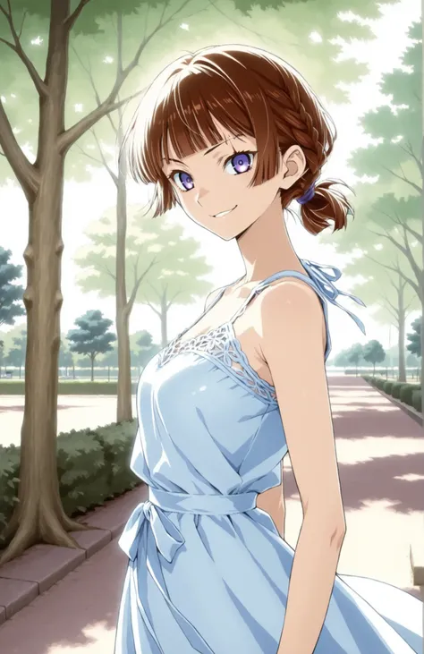 A slender woman with very short red-brown bangs cut at eyebrow level lace braid hair tied back, violet eyes, sly smile, wearing a summer dress, outside in a park under a tree, natural lighting, in full view in a highly detailed anime style
