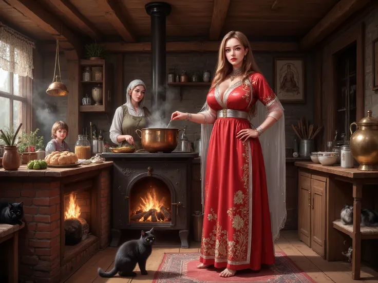 A stunningly beautiful young Russian woman with high Caucasian cheekbones and flowing chestnut hair, dressed in an ornate traditional Dagestani costume (vibrant red silk embroidered with gold floral motifs, a silver belt, and a flowing chokha cloak), stand...