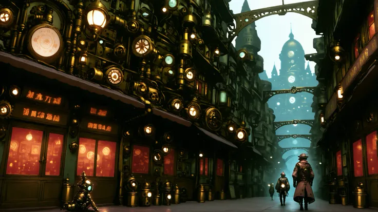 in front view there is a smog effect of pollution in the area near the floor, add people passing by in the background wearing steampunk fashion, add city lights on buildings, steampunk little robot robots hovering around, there's a chandelier light in the ...
